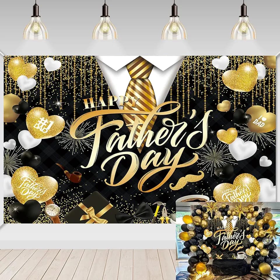 Happy Father's Day Backdrop Black and Gold Glitter Fathers Day Photography Background I Love Dad Banner for Man Family Festival Party Decorations Supplies (Black, 94X70 inch (8x6FT))