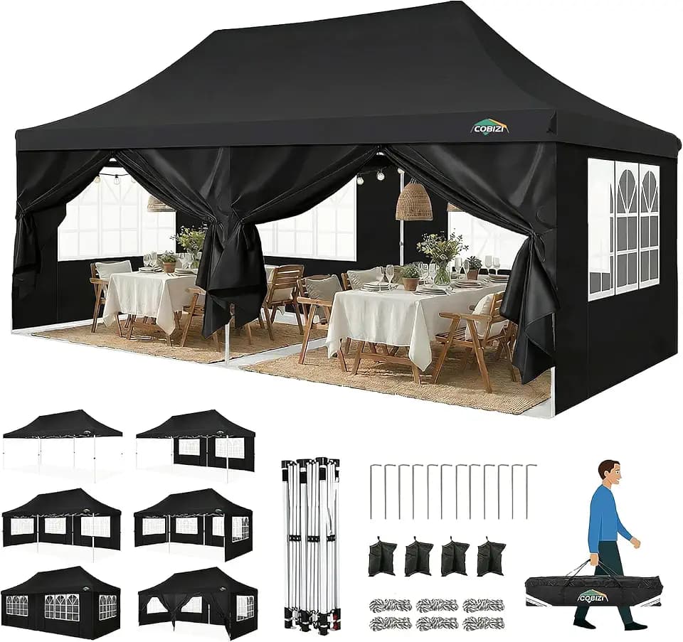 COBIZI Faltpavillon 3X6, Pavillon 3x6m Wasserdicht Stabil Winterfest, Faltbar Partyzelt mit 6 Seitenwänden & 4 Sandsack Pop up Gartenpavillon Anti-UV für Hochzeiten, Freien, Schwarz