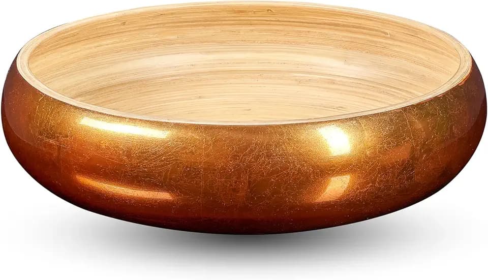 LEXA 12" Handmade Copper Bamboo Wooden Fruit Bowl for Kitchen Counter - 130 oz Lightweight Large Bamboo Wood Salad Bowl
