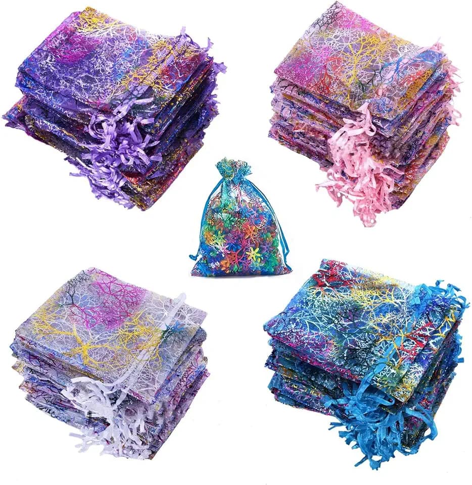 100Stk Organzabeutel Organzasäckchen9x12cm Korallinenmuster Organza Taschen Kordelzug Hochzeit Säckli Beutel Geschenk Schmuckbeutel Klein für Weihnachten Geburtstag Party 4Farben