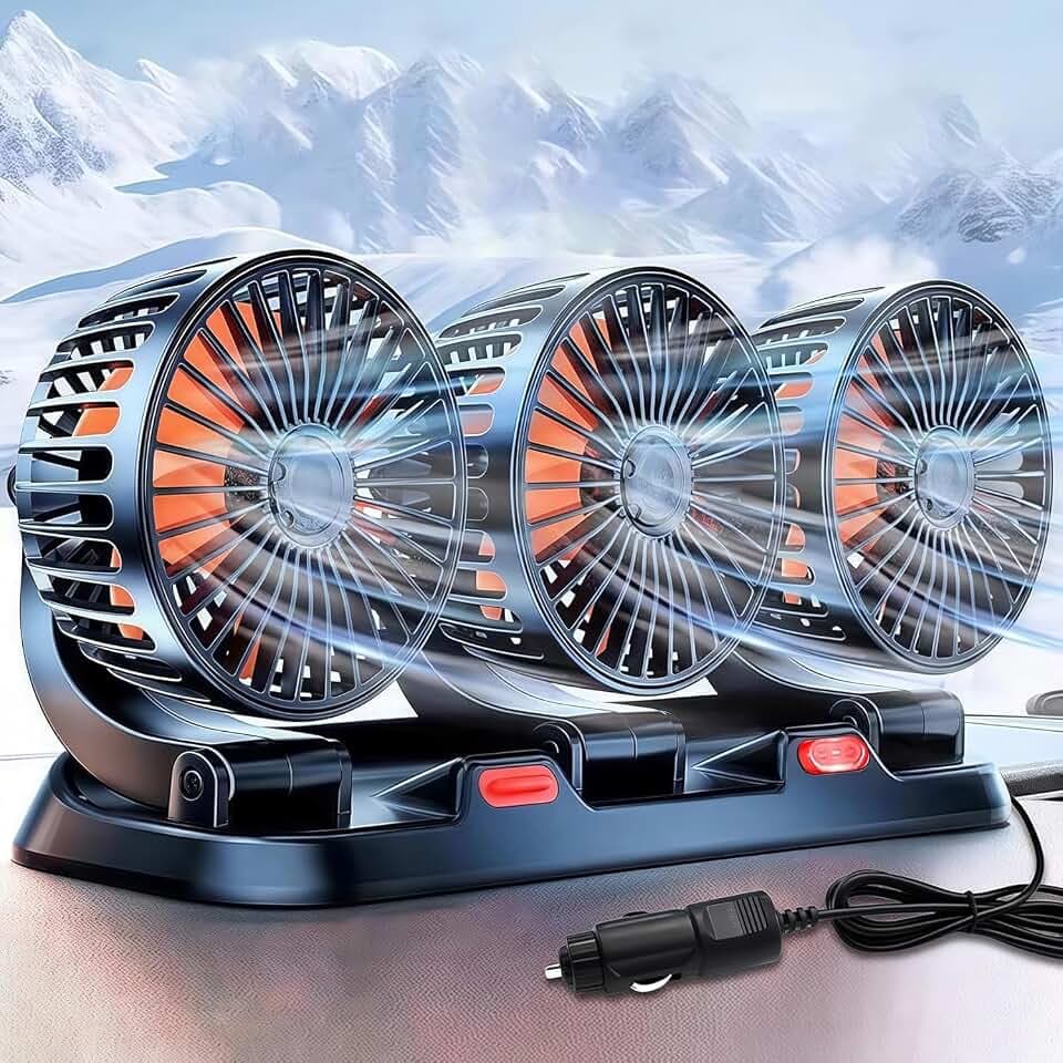 Auto Ventilator,12V Drei Köpfe Kopfstütze Autolüfter,Tragbare 360° drehbar Auto Fan Ventilator,2 Geschwindigkeiten Einstellbar Auto Ventilator für Rücksitz,KFZ Lüfter für Lkw Van Suv Rv