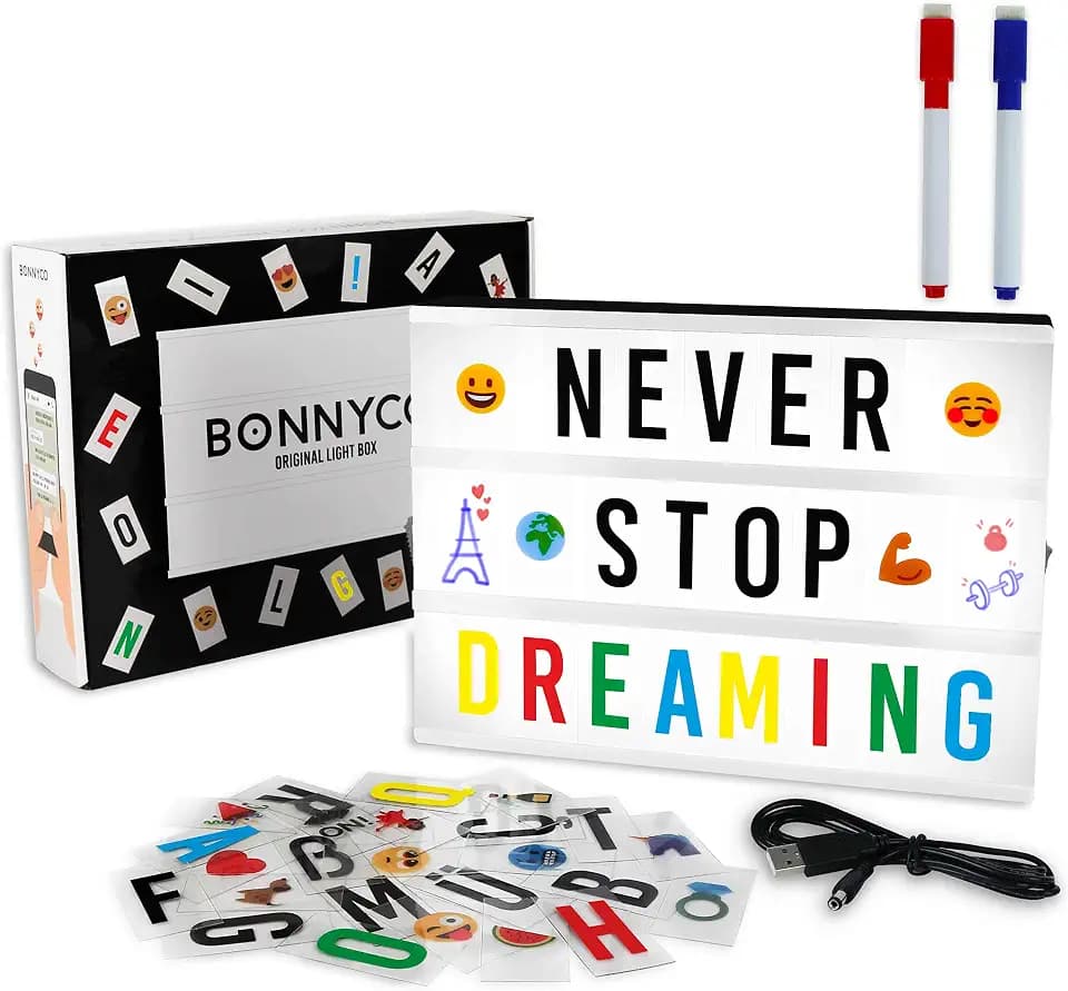 BONNYCO Light Box A4 mit 400 Buchstaben, Ä Ö Ü ß, Emojis, 2 Stifte, USB