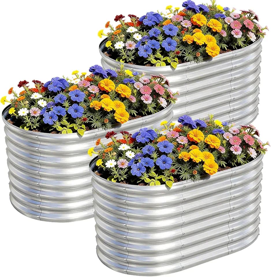 AHEONLAR 3Pack 3x2x2ft Galvanized Raised Garden Beds Outdoor, Oval Raised Beds for Gardening Metal Planter Boxes for Planting Vegetables, Fruit, Herb, Silver