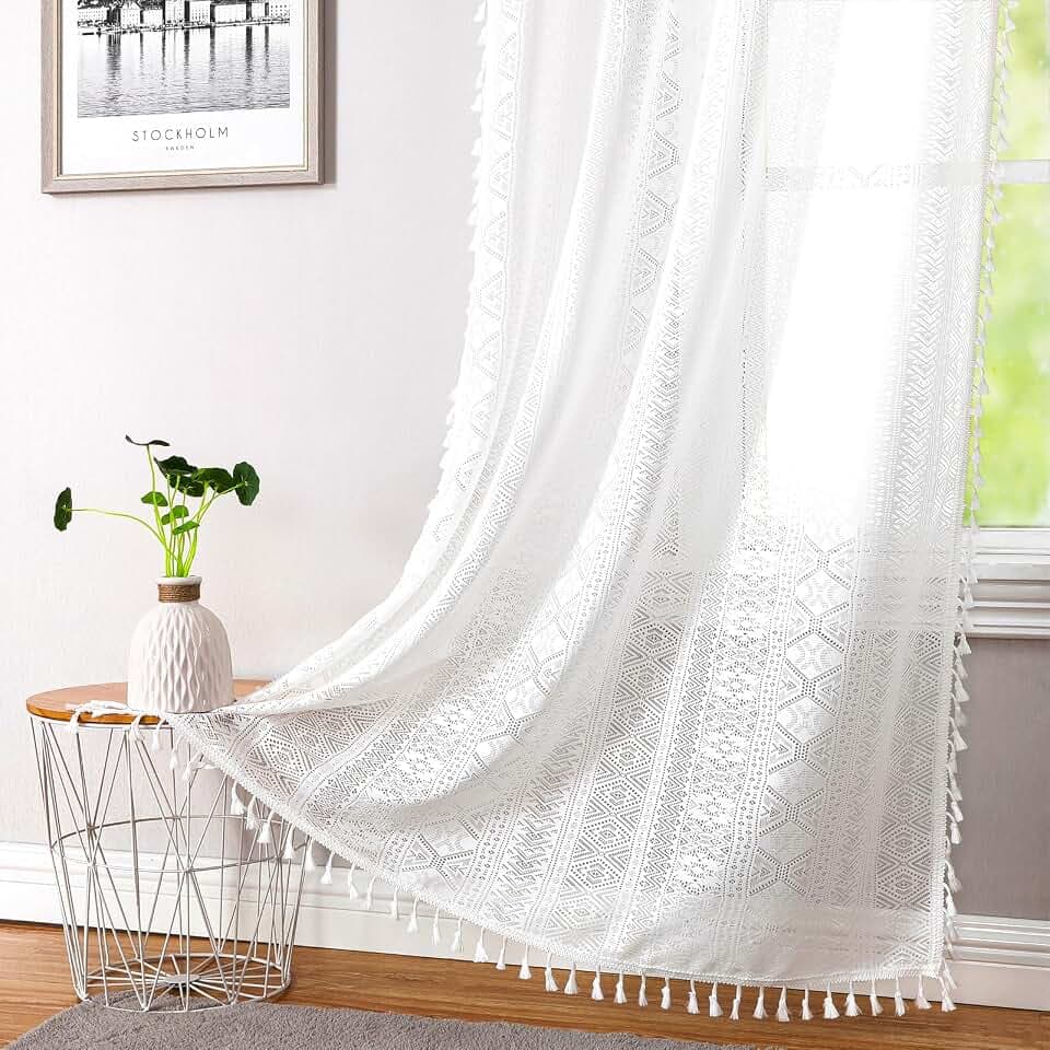 White Boho Sheer Lace Window Curtains with Tassel, 40" Wx72 Lx2