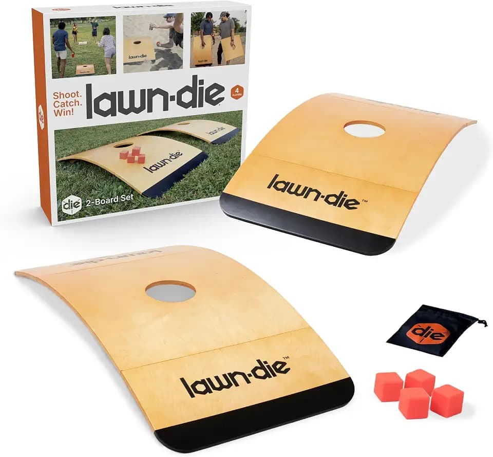 Lawn Die Outdoor Toss Game – Die Meets Cornhole – Portable Folding Board for Yard Games, Beach & Camping - 24 x 46 in Curved Wood Targets & Silicone Dice