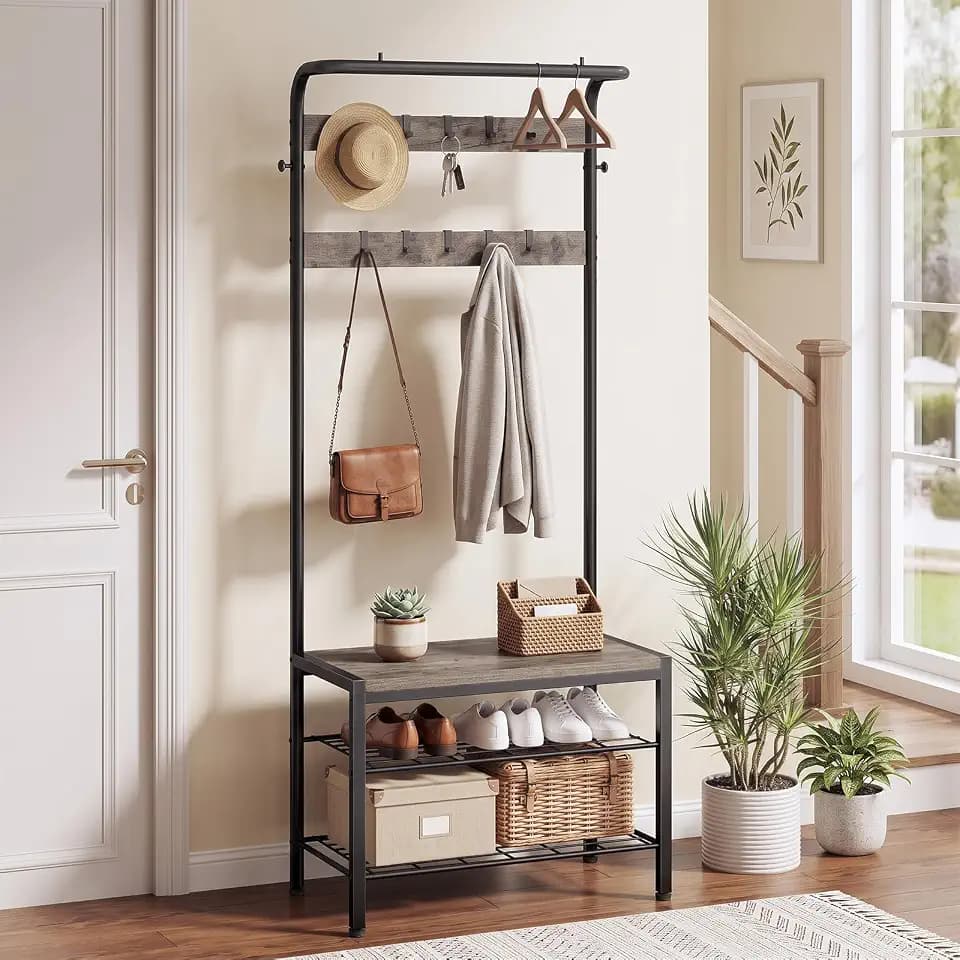 DUMOS 5-in-1 Hall Tree with Coat Rack and Shoe Bench, Industrial Entryway Storage Organizer with Top Hanging Rod, 10 Movable Hooks & Side Hooks, Mudroom Bench with 2-Tier Shoe Rack, Grey