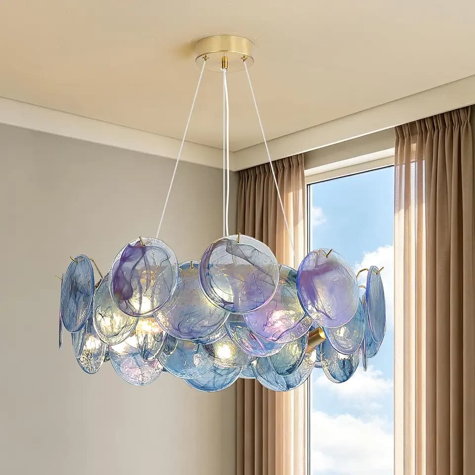 Handcrafted Round 24" Multicolor Glass Blue Crystal Gold Chandelier