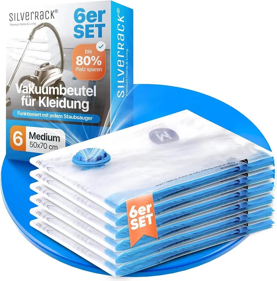 SilverRack Vakuumbeutel für Kleidung [6 Stück] Medium (50x70 cm) - INKL. ETIKETTEN - Vakuumierbeutel Kleidung, Kissen und Jacken - Aufbewahrung Vakuumtüten - Kompressionsbeutel Vacuum