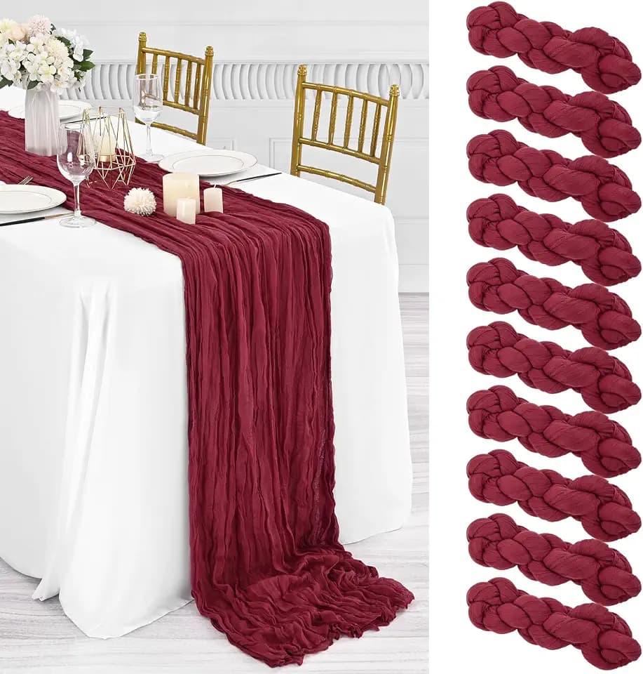 10 Packs Burgundy Cheesecloth Table Runner,10Ft x 35" Wine Red Rustic Gauze Boho Wedding Table Runner Decoration, Wedding Table Decor Table Cloth for Wedding Party Bridal Shower Table