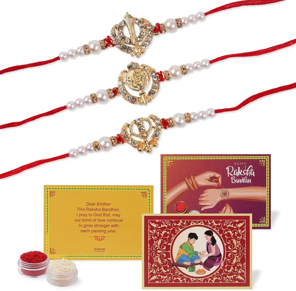 KSJONE Set of 3 Rakhi For Brother with Gift Set with 3 Cards, Roli Chawal | Rakhi for Bhabhi | Rakhi Hamper For Brother | Bhaiya Bhabhi Rakhi | Punjabi Rakhi
