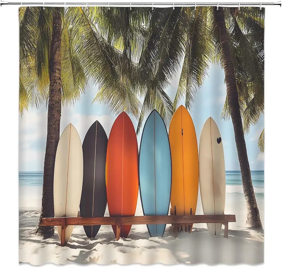 Ocean Beach Surfboard Shower Curtain Tropical Palm Tree Retro Summer Surfing Seaside Hawaii Coastal Nature Bathroom Curtain Fabric with Hooks(70" WX70 H)