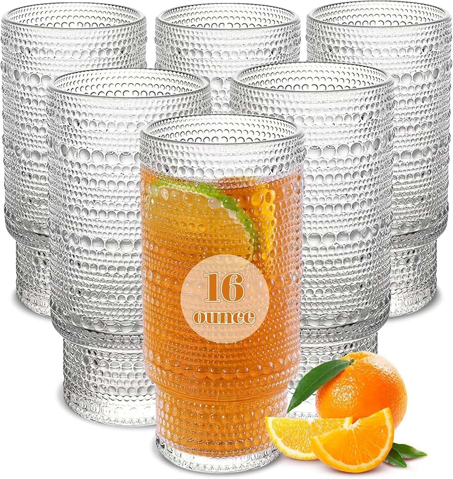 Large Capacity 16 oz Hobnail Drinking Glasses Set of 6, Vintage Glassware Drinking Glasses, Clear Water Glasses Tumbler, Cups for Kitchen, Juice, Beer, Cocktail, Whiskey