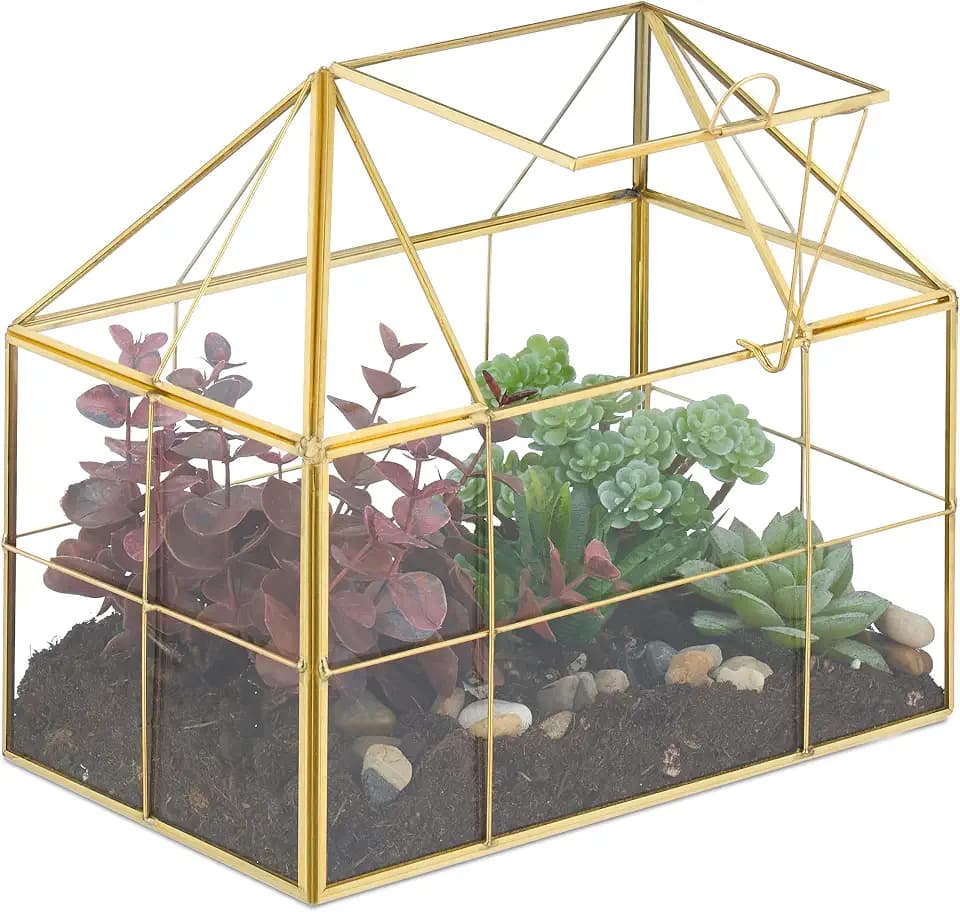 Relaxdays Pflanzenterrarium, Glas & Kupfer, HBT: 21x23x14 cm, Deko Glashaus Kakteen & Moos, Glaskasten Fensterbank, gold