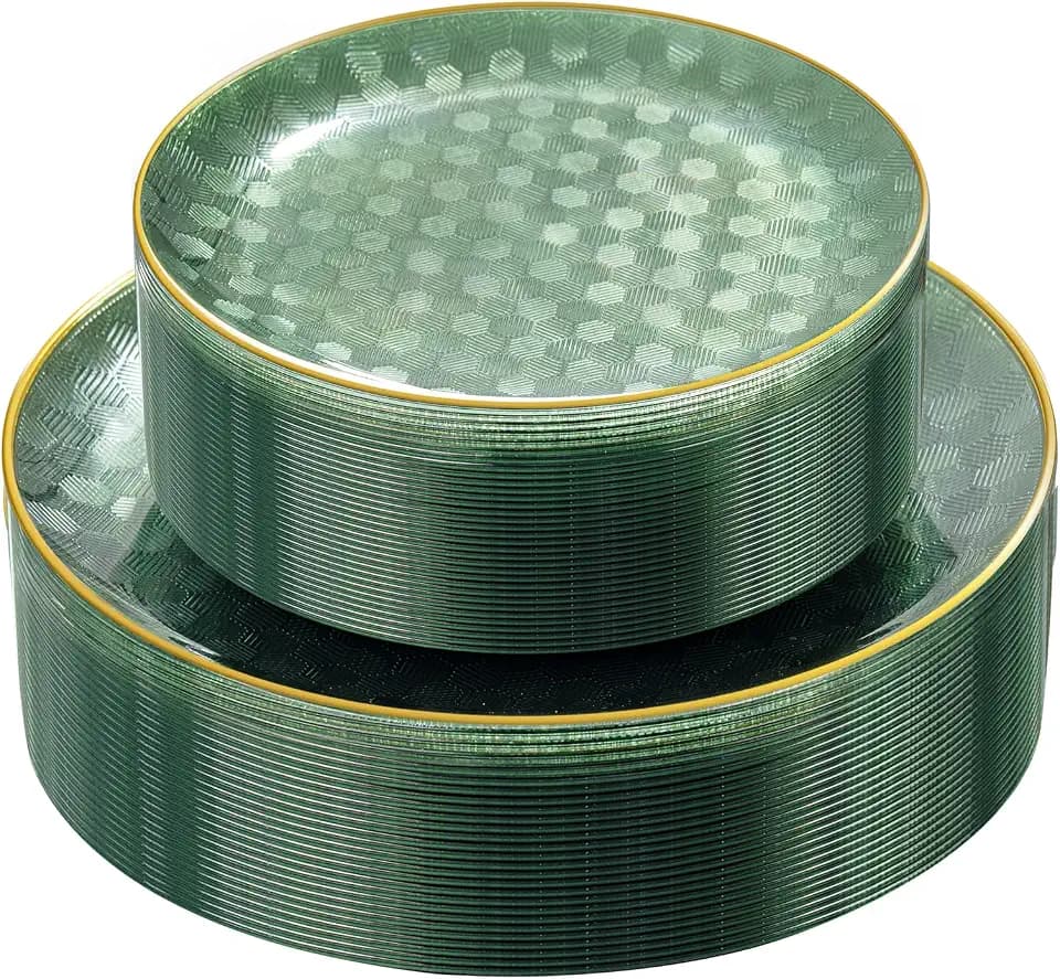 Festiva 60PCS Clear Sage Green Plastic Plates - Heavy Duty Fancy Disposable Plates With Gold Rim -30PCS 10.25" & 30PCS 7.5" Honeycomb Design Plates for Party(Sage Green)