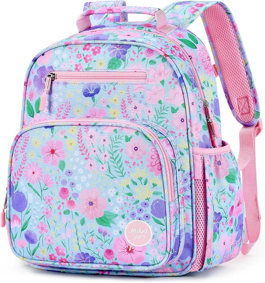 mibasies Kids Backpack for Girls: Girls Backpack 5-8 - Kindergarten Elementary School Bookbag for Girl - Flower Light Blue