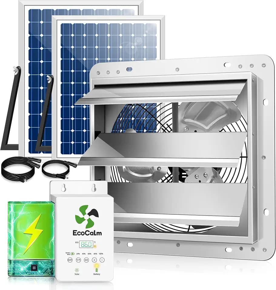 Solar Exhaust Fan 12“ for Greenhouse with Smart Thermostat, Battery
