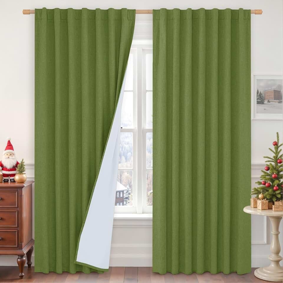 LAMIT 84 Inch Sage Green 100% Blackout Linen Curtains for Living Room