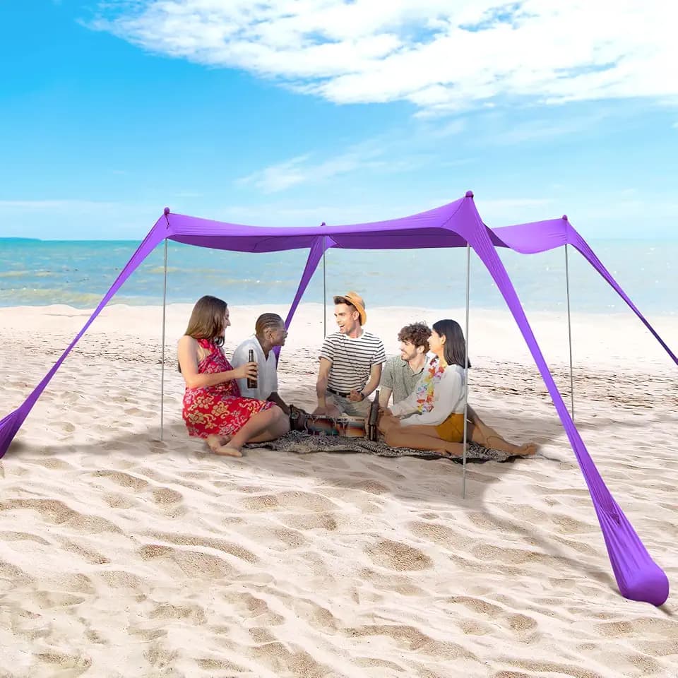 Family Beach Tent Canopy Sun Shade, Pop Up Grande Beach Tent Sun Shelter Stability 4 Poles with Portable Carry Bag Outdoor Shade for Fishing Backyard Camping
