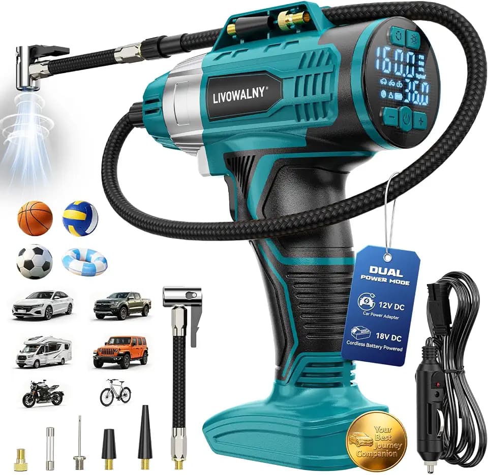 160PSI Cordless Tire Inflator Portable Air Compressor Compatible with Ma-kita 18V Battery, LIVOWALNY 12Ft Cord-12V DC-Powered Air Pump with Digital Pressure Gauge, Auto Shut-Off for Car (Tool Only)