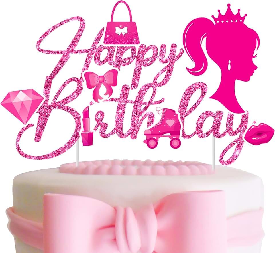C L cooper life Hot Pink Girl Happy Birthday Cake Topper Glitter Hot Pink Girl Princess Cake Decorations for Baby Shower, Wedding, Birthday Party Supplies