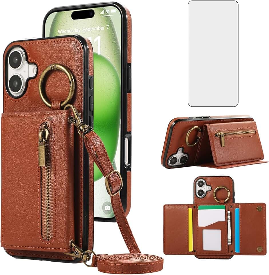 Compatible with iPhone 16 Plus 6.7 inch Wallet Case with Screen Protector and Crossbody Shoulder Strap Ring Buckle Stand Card Holder Cell Phone Cover for i Phone16 16+ i16 + 16Plus Women Men Brown