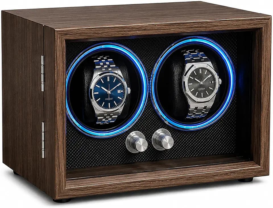 Uhrenbeweger für 2 Uhren – Leiser Motor, 4 Rotationsmodi, Magnetfeldschutz, Blaues Ambientelicht, Kompaktes Design