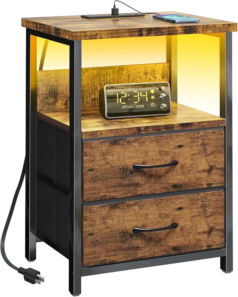 Fixwal Night Stand with Charging Station, Led Nightstand, 2 Fabric Drawers