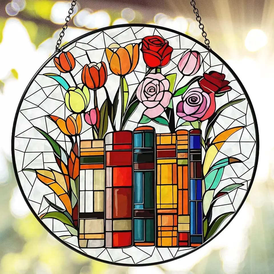 Flower Book Stained Glass Window Hanging 9.8'' Sun Catcher Book Club Lover Gifts for Women Reading Room Decor Handmade SunCatcher Decoration for Garden Home Bookish Library Decor
