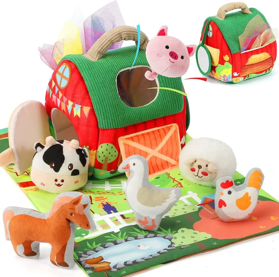 URMYWO Baby Spielzeug 6-12 Monate, Bauernhof Montessori Sensorikspielzeug mit Bauernhoftierem, Scheune, Rassel& Spiegel - Kinder Motorikspielzeug 1-3 Jahre, Weihnachts- und Ostergeschenk