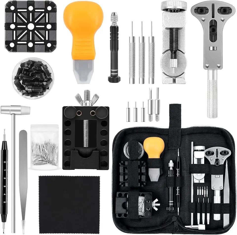 AiQInu Uhrmacherwerkzeug Set 150 TLG,Uhrenwerkzeug Batteriewechsel,Uhren Werkzeuge Set Einstellbar Gehäuseöffner Stiftausdrücker Schraubendreher,Uhrenarmband Uhr Reparatur Werkzeug Set