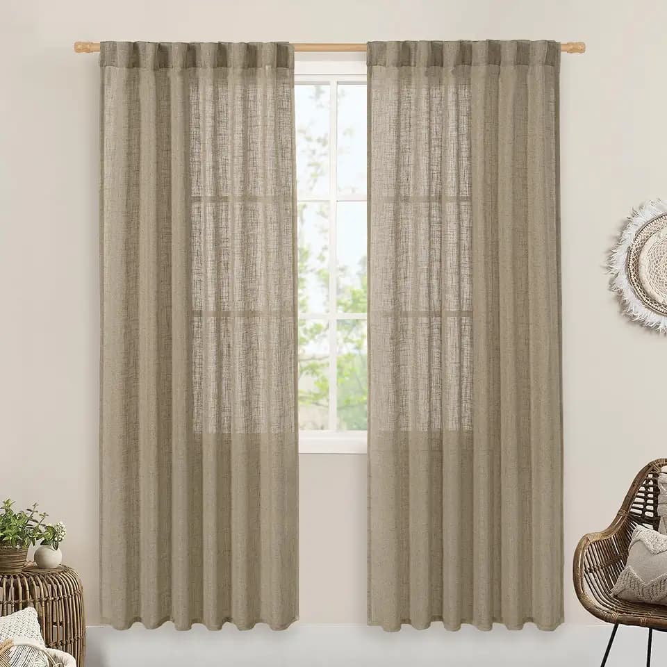 LAMIT Taupe Sheer Linen Curtains 80 inch Light Filtering Semi Sheer Panels