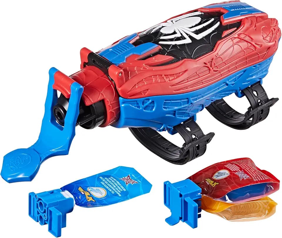 Spider-Man Marvel Real Webs Super Web-Blaster, 2-in-1 Blaster, Rollenspielzeug, Kostüm, Spielzeug, Rot und Blau