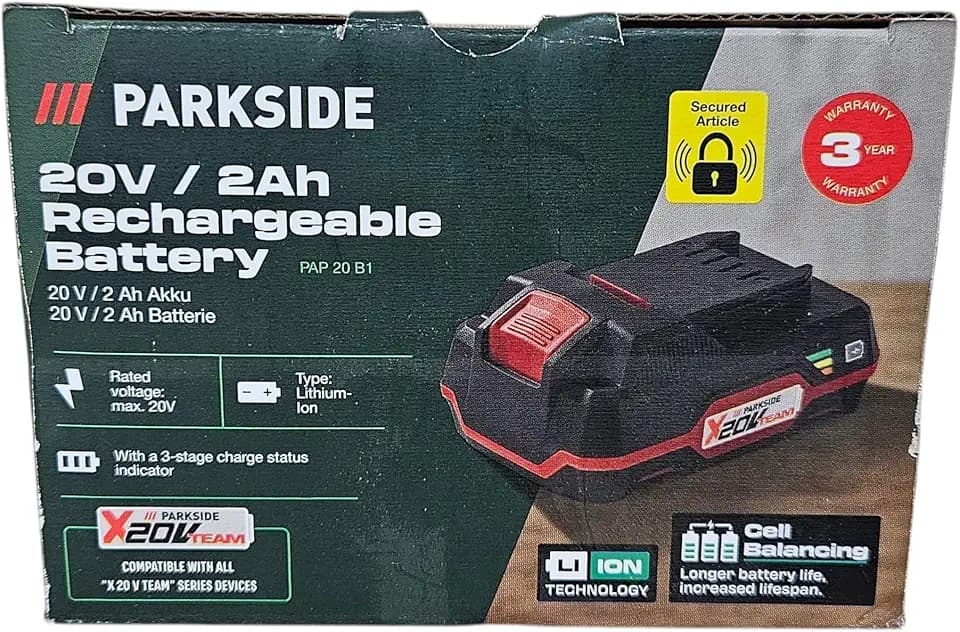 Parkside PAP20A1 Battery 20 V with Capacity 2 Ah for X20Vteam Series Devices Example Drills, Saws, Screws