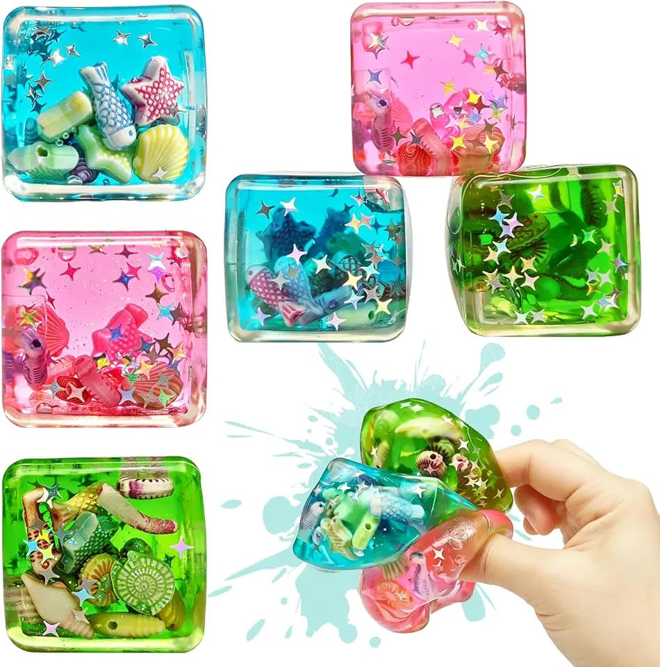 6 Pack, Square Squeeze Stress Cubes with Ocean Creatures and Glitter Stars, Multicolor, Fidget Sensory Toys