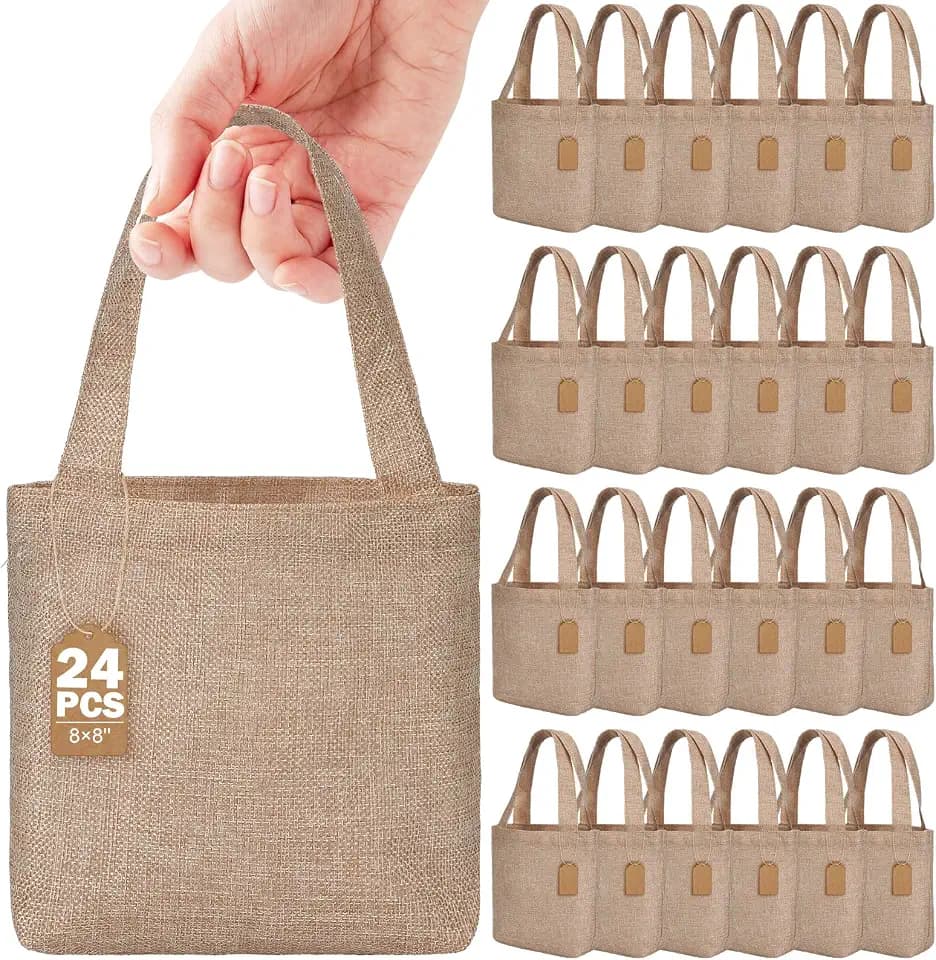 Aliceset 24 Pcs Mini Burlap Tote Bags,8 x 8 x 3.2 Inch,Light Brown