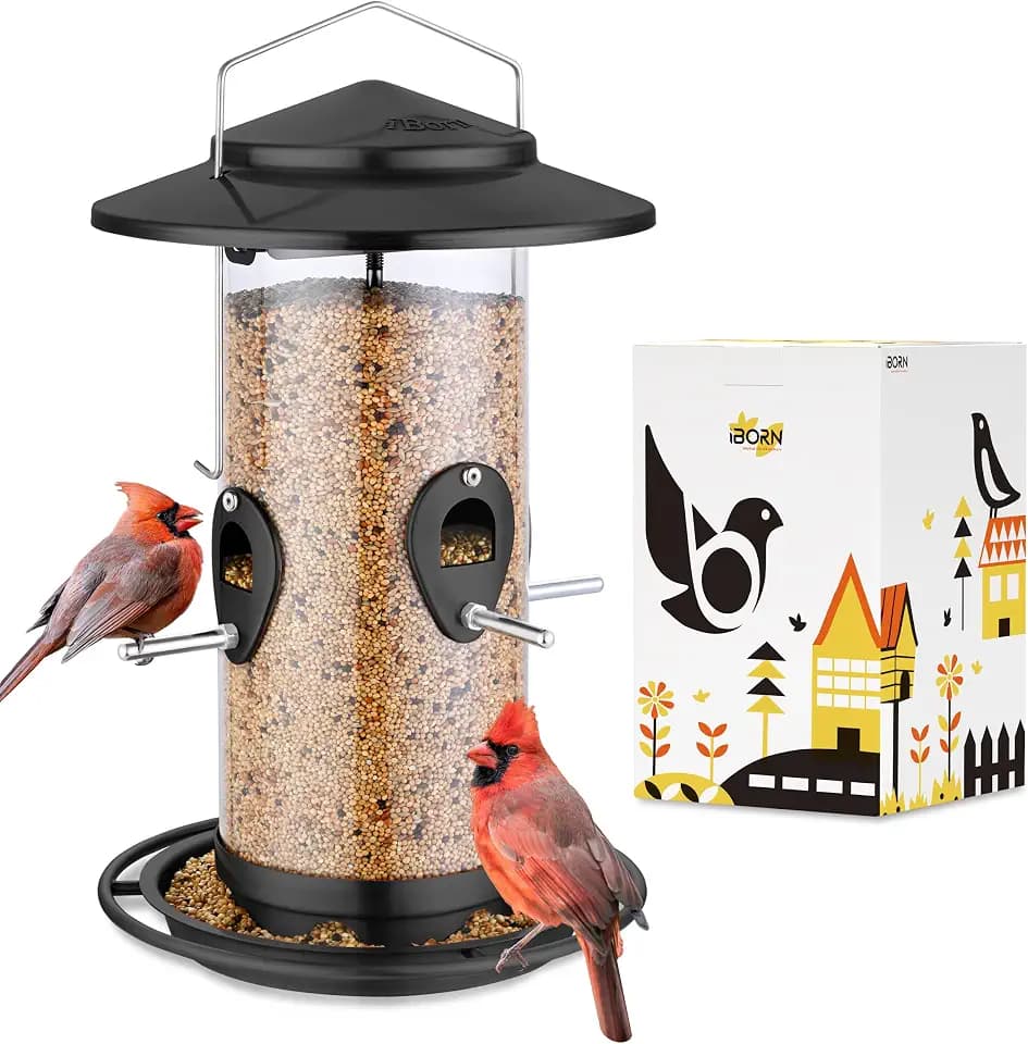 iBorn Metal Bird Feeder for Outside Hanging,Wild Bird Feeders for Cardinal,17.8cm Large Roof&Tray Black 10 Port(Seed is not Included)
