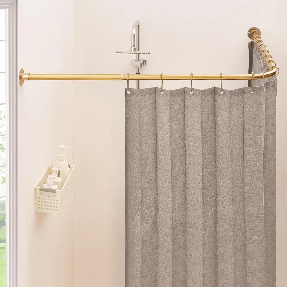 L Shaped Corner Shower Curtain Rod, [39"-67.8"] x [55"-84"] Heavy Duty 90 Degree Adjustable Shower Pole for Bathroom, Bathtub & Outdoor with 12 Hooks & Ceiling Support - Gold