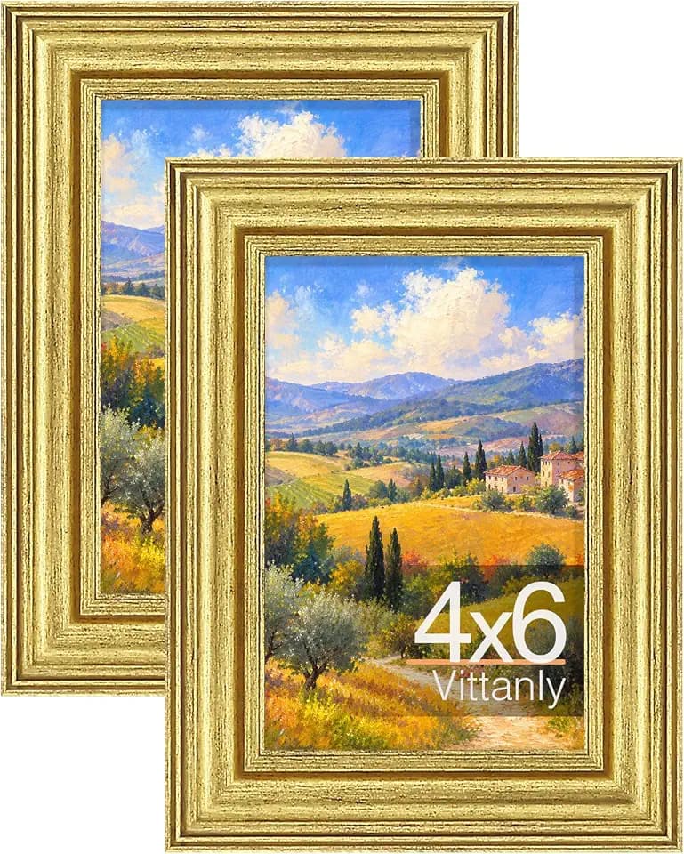 Vittanly 4x6 Picture Frames Set of 2, Vintage Photo Frames, Rustic Gold
