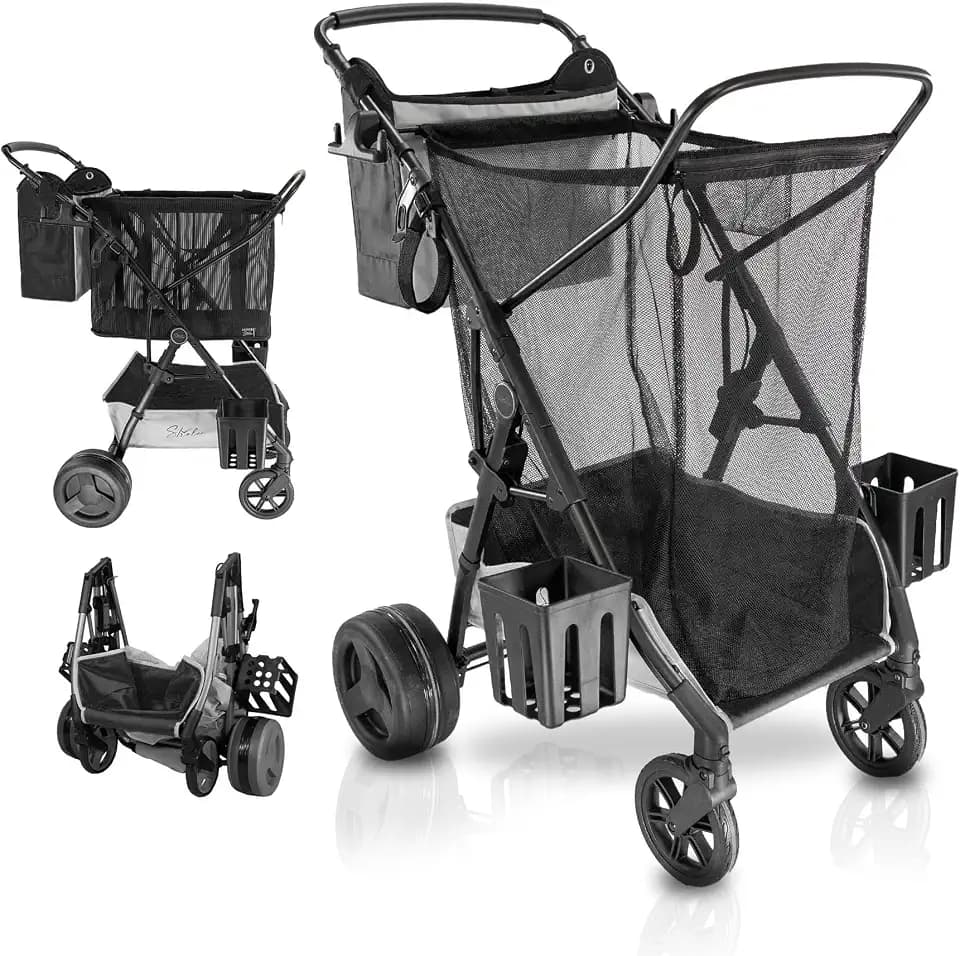 Strolee Large Wheeled Collapsible Beach Cart for Soft Sand, Shopping, Camping & Garden- Lightweight Aluminum Frame- Removable Storage Bag with Carrying Straps, X-L Capacity & Cooler Rack Dark Grey