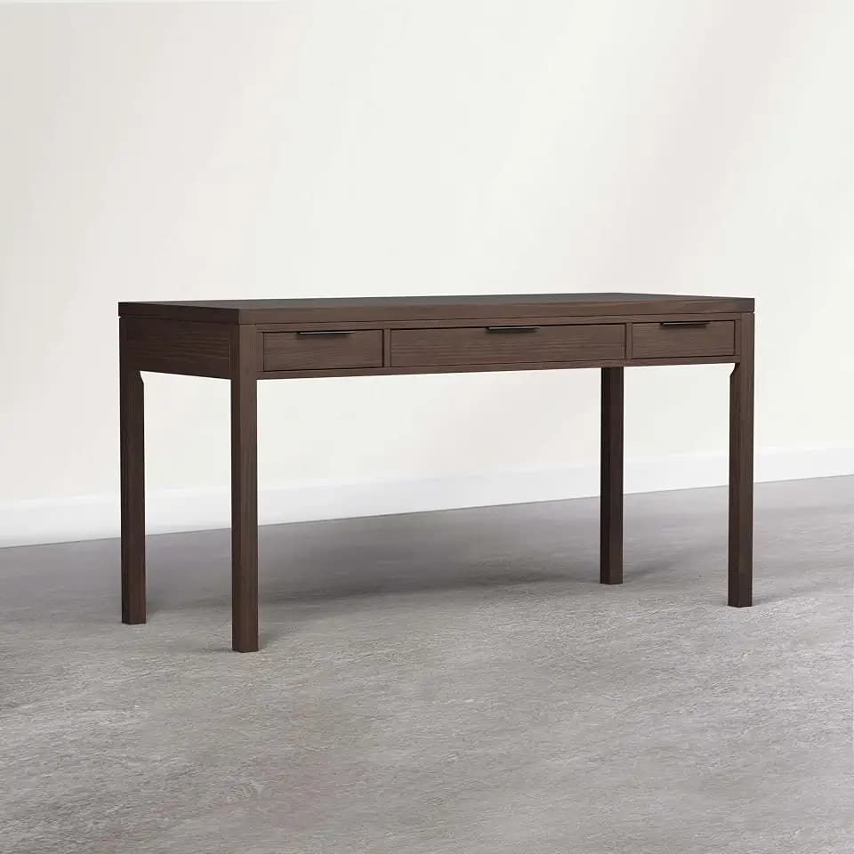 SIMPLIHOME Hollander 60" Wide Solid Wood Writing Desk in Dark Brown Walnut