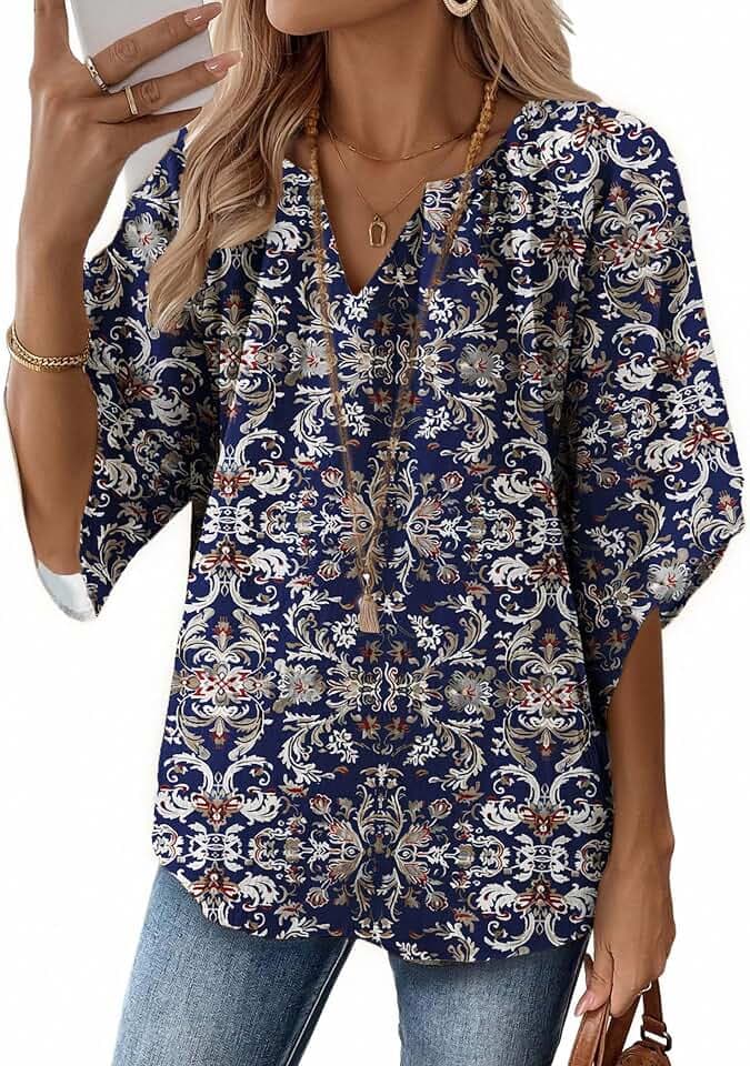 Zeagoo Womens Tops 3/4 Sleeve V Neck Bohemian Blouses Casual Tunic