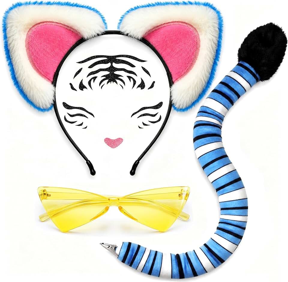 Tiger Costume for Adults, Blue Tiger Ears and Tail for Halloween Dress Up