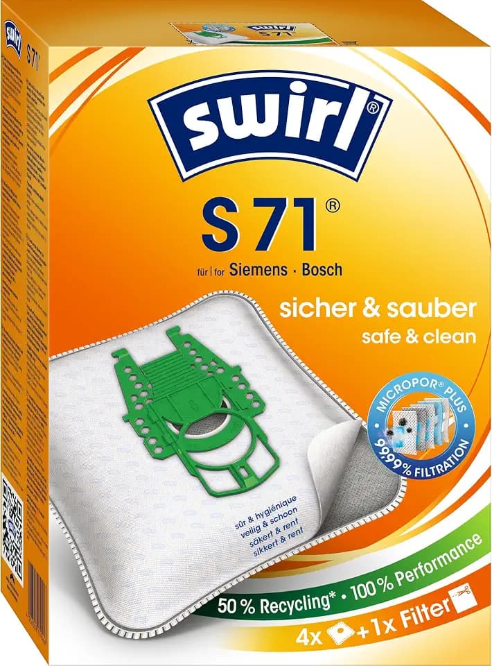 Swirl® S 71 Staubsaugerbeutel für z.B. Siemens/Bosch Typ P, 4 Beutel