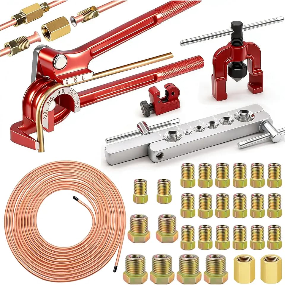 smseace 26Pack 1/4 Inch Brake line kit Includes 25FT Copper-Plated Brake Lines with Fittings(16pcs Fittings,2pcs Union+4pcs Nut)，Brake line Bender，Single Flaring Tool，Pipe Cutter 1/4 Inch Brake Lines