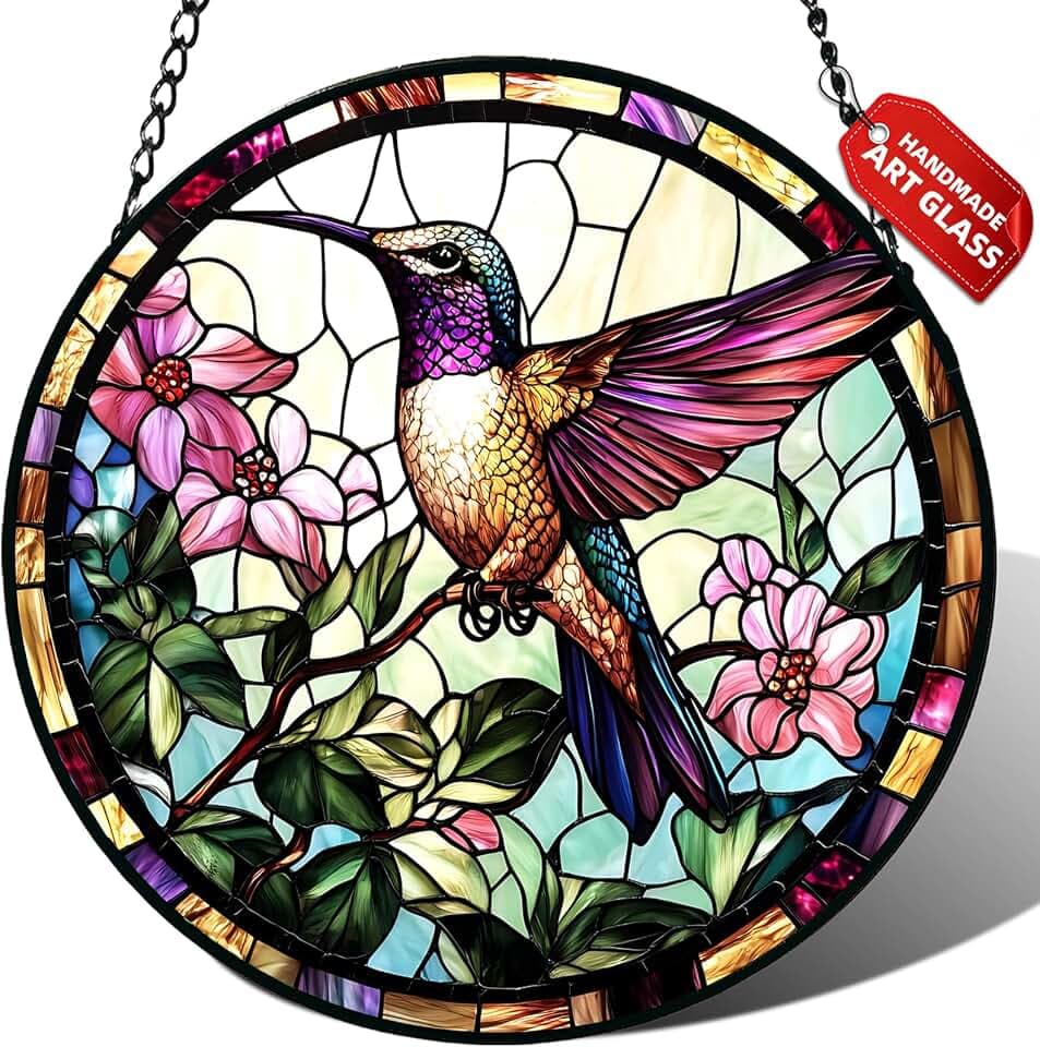 Hummingbird Stained Glass Suncatcher Window Hanging Flowers Gifts for Mom