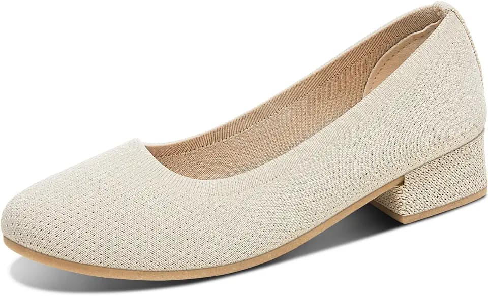 Davena Women Low Chunky Block Heel Pumps Elegant Round-Toe Knitted Pumps Stylish Slip-On Heels for Business