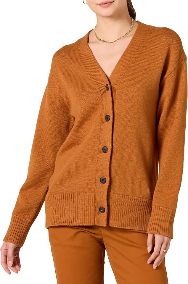 Amazon Essentials Women's 100% Cotton Relaxed-Fit V-Neck Midweight Cardigan Sweater