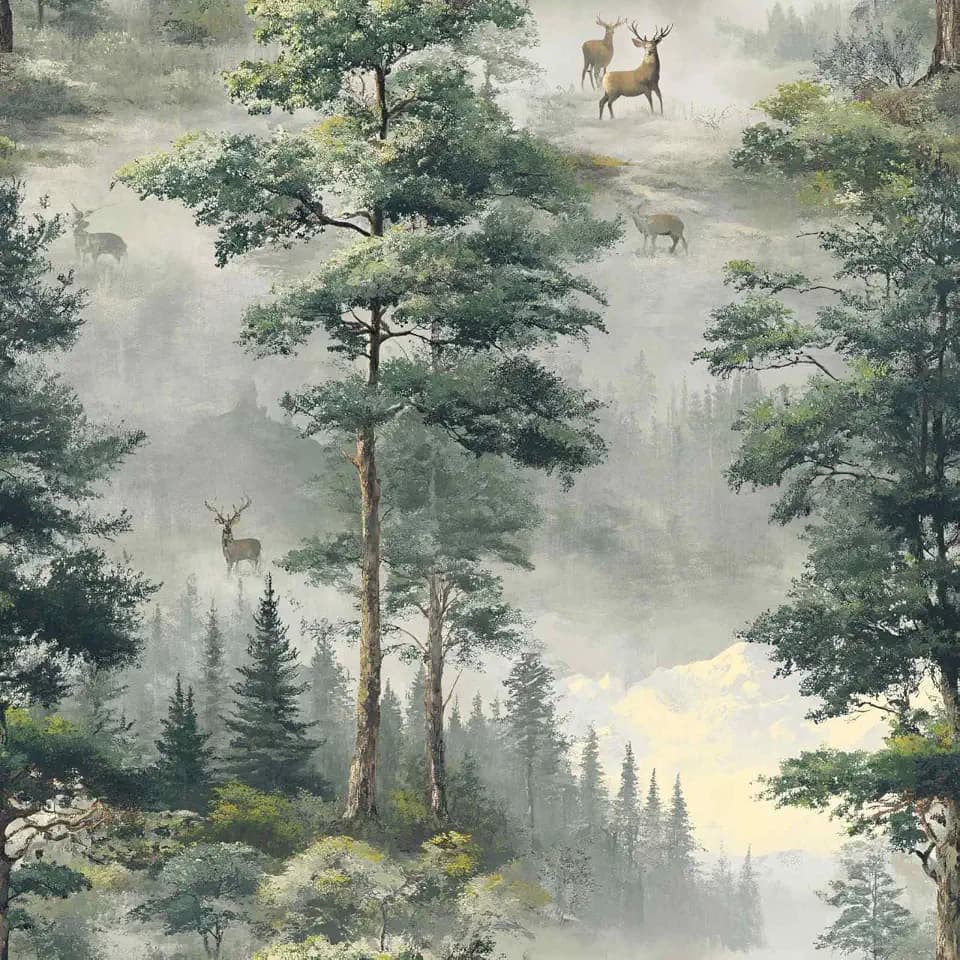 Deep Emerald Olive Tones Misty Mountain Forest Deer Pattern Peel and Stick Wallpaper Easy Peel Off Contact Paper Stick on Adhesive Wall Paper for Bathroom Waterproof Renter Friendly