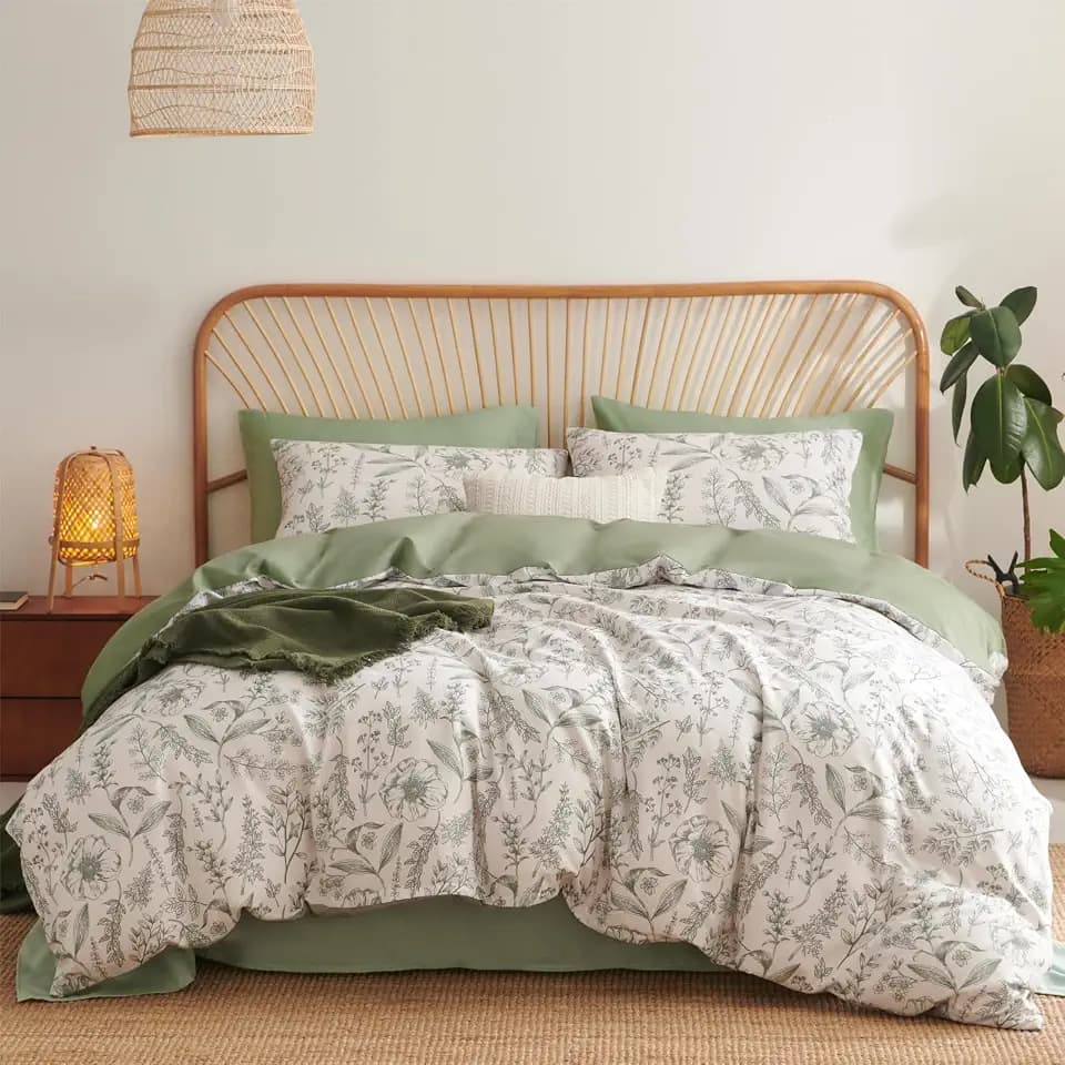 Freyamy Bettbezug, 240 x 260 cm, für Erwachsene, Blumen, Blätter, Grün