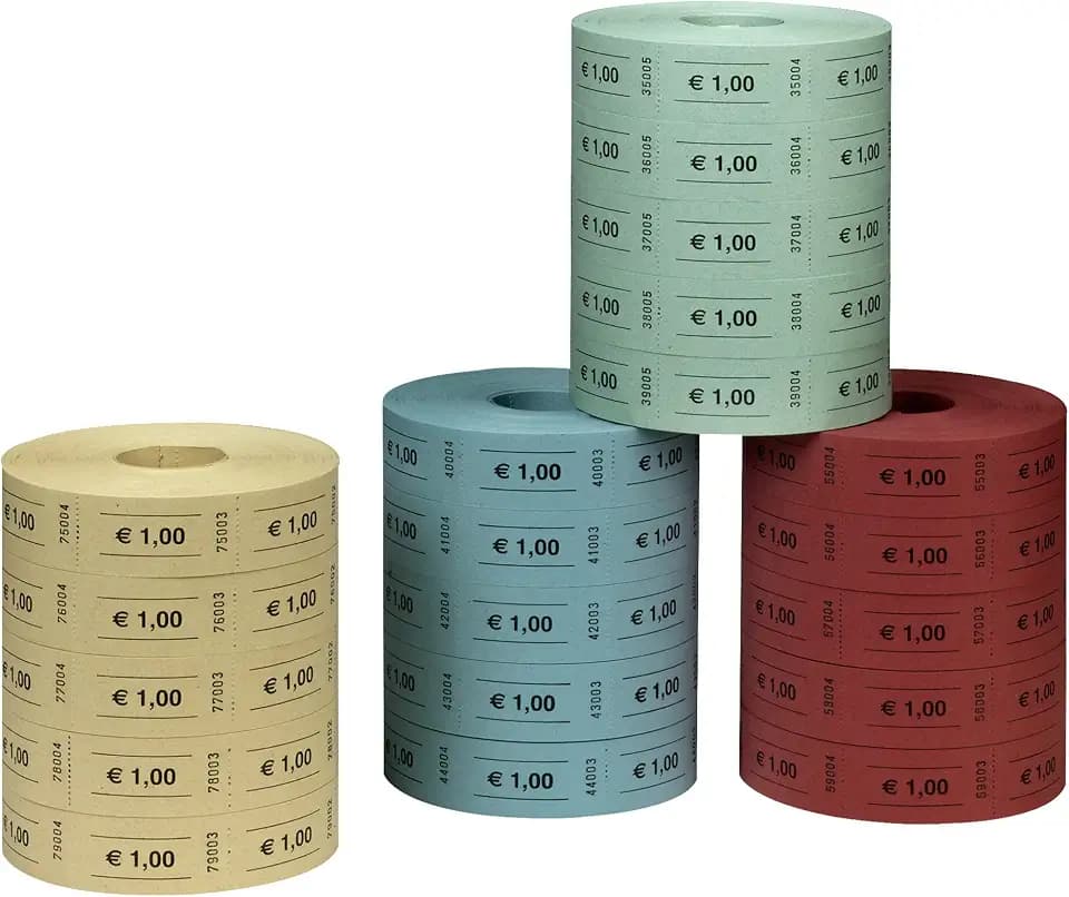 herlitz Wertmarken 1 Euro, 5 Rollen à 1000 Abrisse, fortlaufend nummeriert – Papier, Farben sortiert, keine Farbauswahl, Abrissmarken für Kantine, Veranstaltungen